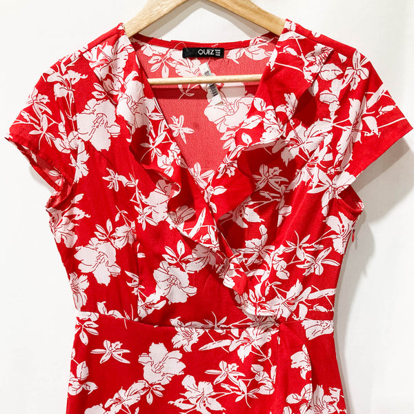 Quiz Red & White Floral Print Short Sleeve V-Neck Frill Dress UK 10