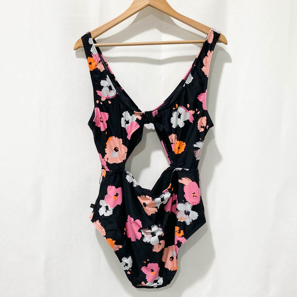 City Chic Black & Pink Floral Print Cut Out One Piece Swimsuit UK 16