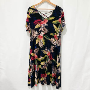 Avenue Black Floral Palm Print Short Sleeve Jersey Midi Dress UK 16 