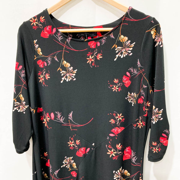 M&S Collection Black Floral 3/4 Sleeve Asymmetric Hem Dress UK 16