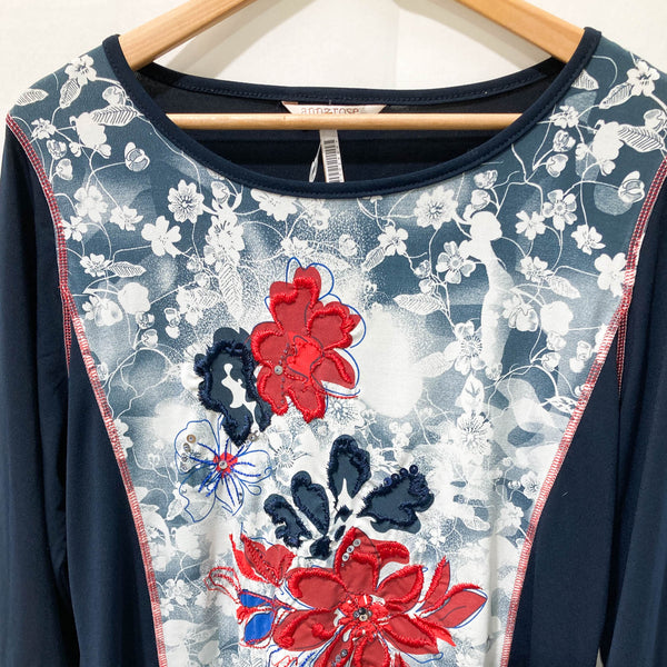 Anna Rose Navy Floral Embellished 3/4 Sleeve Stretch Top XL