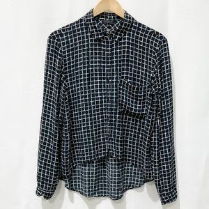 Topshop Black & White Check Dipped Hem Long Sleeve Shirt UK 8