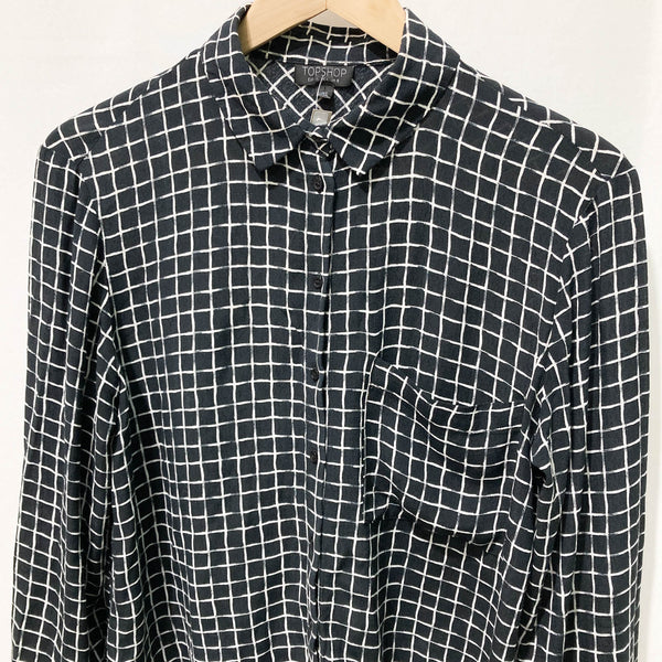 Topshop Black & White Check Dipped Hem Long Sleeve Shirt UK 8
