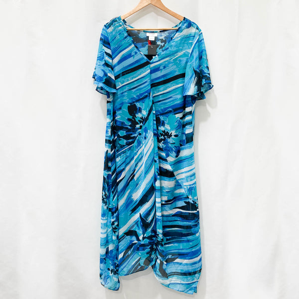 Avenue Blue Patterned V-Neck Flutter Sleeve Maxi Dress UK 16