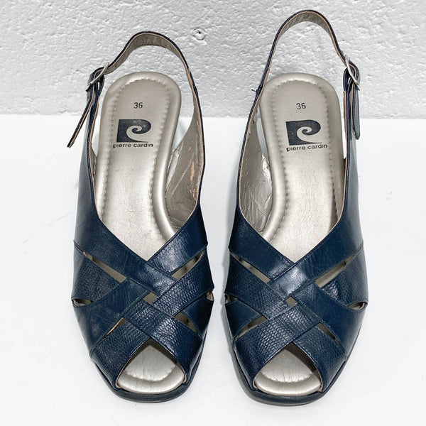 Pierre Cardin Navy Blue Leather Peep Toe Slingback Sandals UK3
