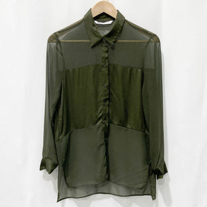 Zara Dark Green Sheer Long Sleeve Relaxed Fit Blouse S