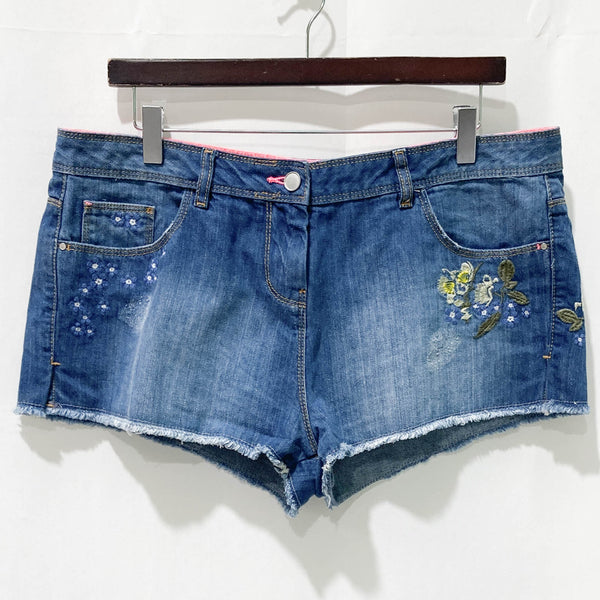 Next Blue Denim Floral Embroidered Beach Hot Pants Shorts UK 14