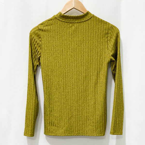 M&S Collection Green Shimmer Ribbed Mock Neck Long Sleeve Top UK 8
