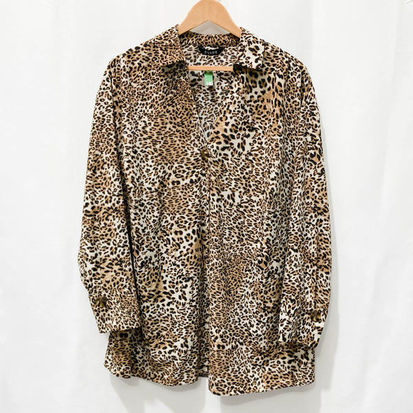 Evans Leopard Print Long Sleeve V-Neck Collared Blouse UK 22
