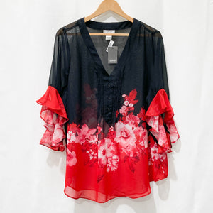 Avenue Black & Red Floral Sheer Ruffle Sleeve Blouse UK 20