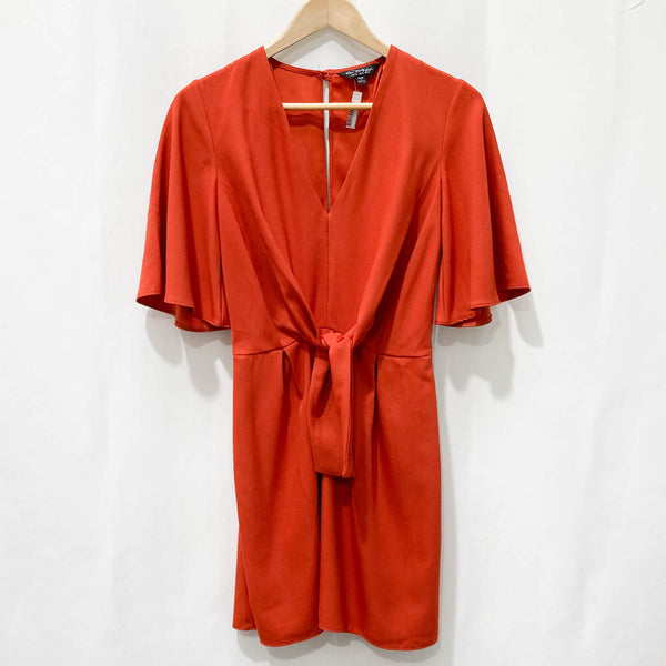 Miss Selfridge Dark Orange V-Neck Tie Front Short Dress UK 8