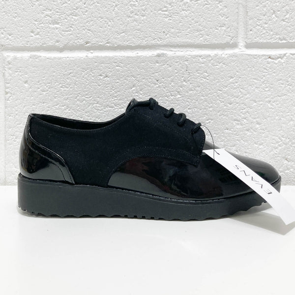 Evans Black Faux Patent Leather Lace-Up Shoes UK 5E