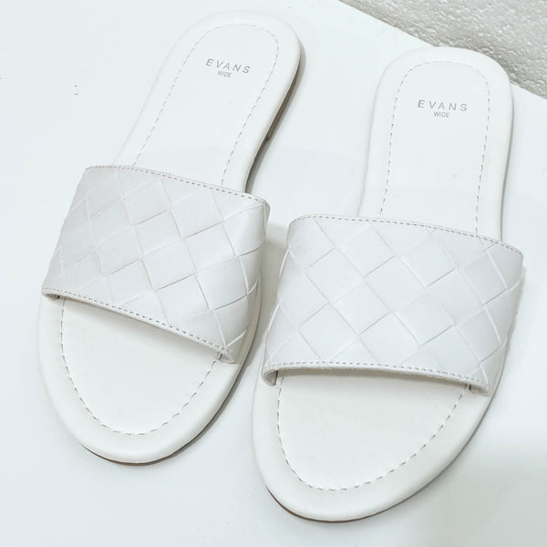Evans White Faux Leather Flat Slip-On Weave Slide Sandals UK 5E