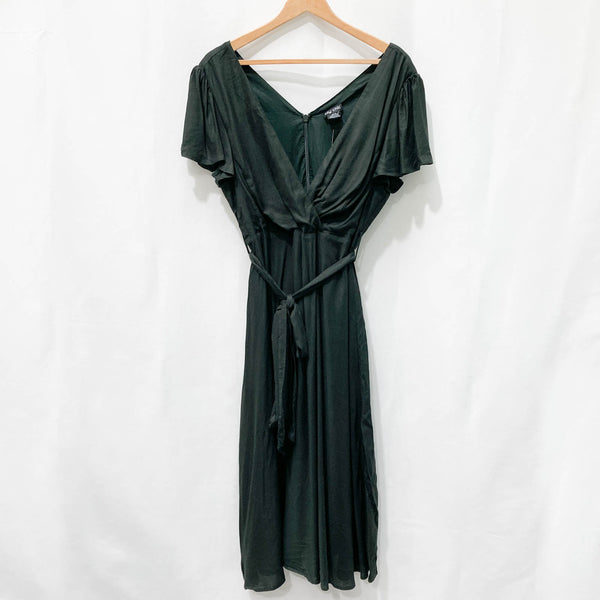 City Chic Dark Green V-Neck Faux Wrap Linen Blend Midi Dress UK 14