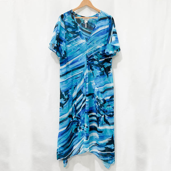 Avenue Turquoise Printed Sheer V-Neck Asymmetrical Maxi Dress UK 18