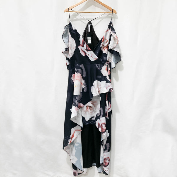 City Chic Black Floral Print V-Neck Cold Shoulder Maxi Dress UK 16
