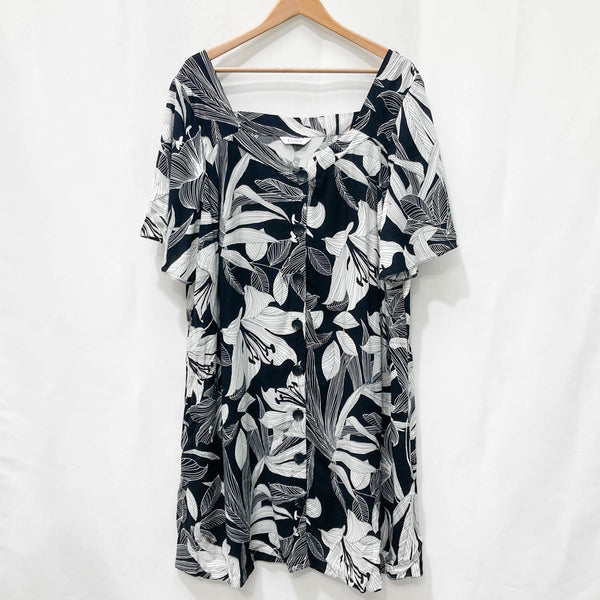 Evans Black & White Tropical Floral Button Front Dress UK 24