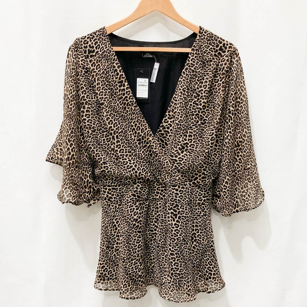 City Chic Leopard Print V-Neck Faux Wrap Flared Sleeve Top UK 18