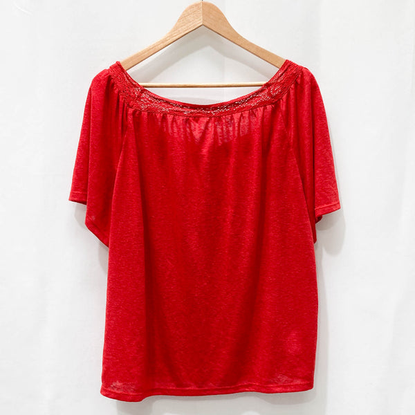 Lost Stock Red Fine Knit Crochet Trim Short Sleeve Boxy Top XL