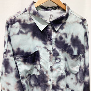 boohoo Blue Printed Long Sleeve Oversized Raw Frayed Hem Shirt UK 12