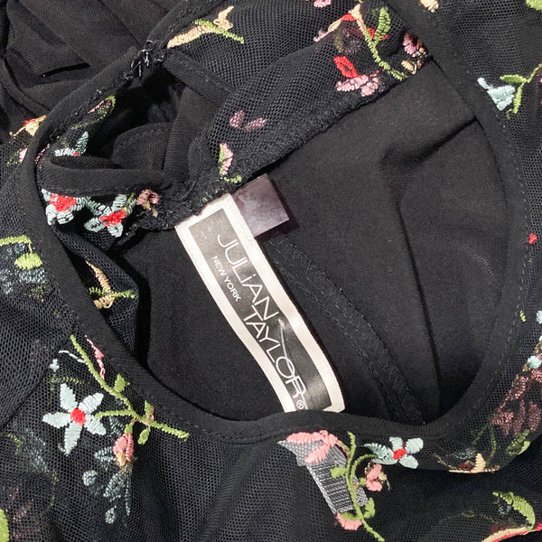 Julian Taylor Black Embroidered Floral 3/4 Ruffle Sleeve Dress UK 14