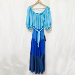 Avenue Blue Colour Block Off-Shoulder Tiered Tie Waist Maxi Dress UK 14