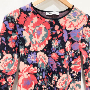 Zara Multicoloured Floral Patterned Longline Knit Jumper M