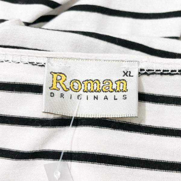 Roman White & Black Striped 3/4 Sleeve V-Neck Hanky Hem Jersey Tunic Top XL