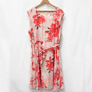 Evans Pink Floral Print Sleeveless Tie Waist Dress UK 26