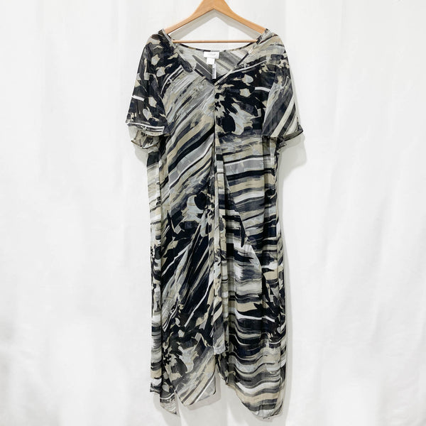 Avenue Black Abstract Print V-Neck Flutter Sleeve Asymmetrical Dress UK 18