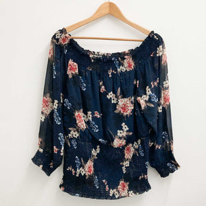 City Chic Navy Blue Floral Shirred Top UK 18