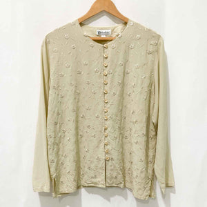 Vintage Victorious Beige Floral Embroidered Silk Round Neck Blouse L