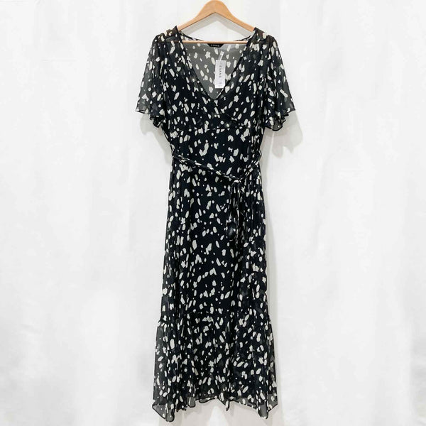 Evans Black & White Spot Print V-Neck Faux Wrap Maxi Dress UK 24