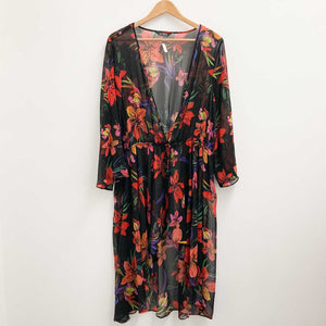 Evans Black Tropical Floral Print Sheer Longline Tie Front Kimono UK 22/24