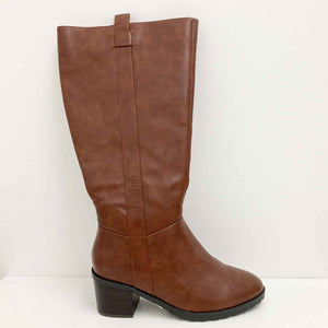Evans Brown Faux Leather Long Heeled Boots UK 8 Extra Wide