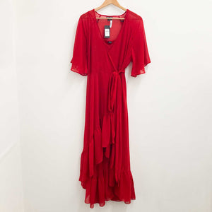 City Chic Red V-Neck Hi-Lo Hem Flutter Sleeve Wrap Maxi Dress UK 16