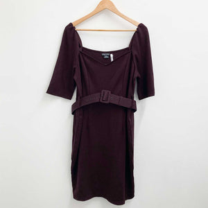City Chic Burgundy Fitted Sweetheart Neckline Belted Dress UK 12