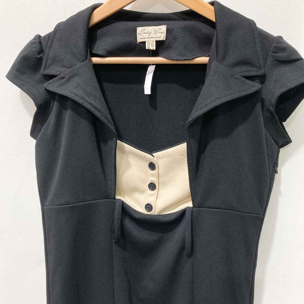 Lindy Bop Black & Cream Cap Sleeve Collared Jersey Pencil Dress UK 14