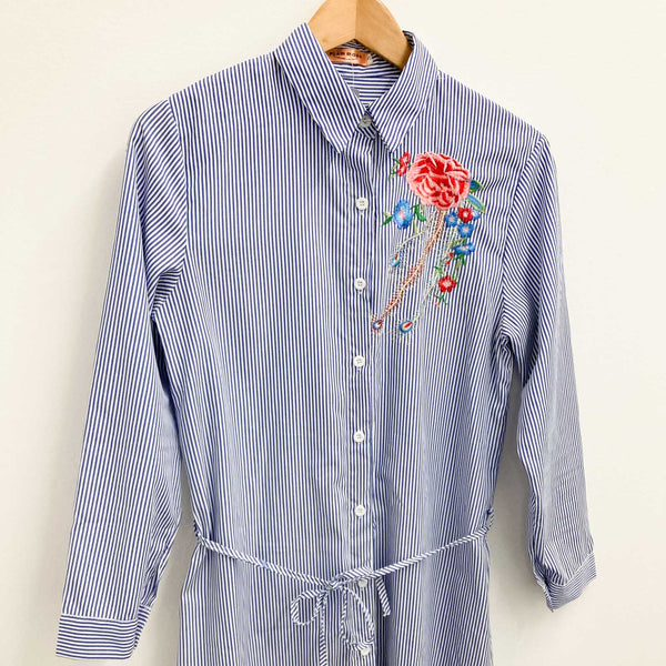 Flam mode Cobalt Blue Striped Long Button Through Shirt Dress S