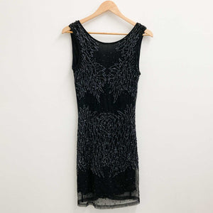 Black Sleeveless Mesh Embellished Beaded Sleeveless V-Back Short Dress UK 10