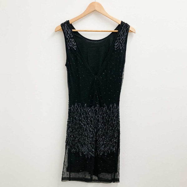 Black Sleeveless Mesh Embellished Beaded Sleeveless V-Back Short Dress UK 10