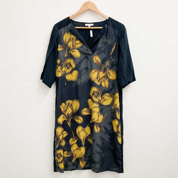 Thought Grey & Yellow Floral Print Short Sleeve V-Neck Tunic Dress UK 12