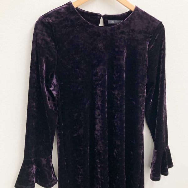M&S Purple Crushed Velvet Flare Sleeve Dress UK 12