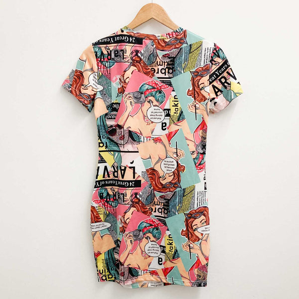SHEIN Pop Art Print Short Sleeve Bodycon Mini Dress M