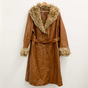 City Chic Brown Faux Leather Fur Trim Longline Belted Coat UK 22