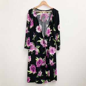 Avenue Black & Purple Floral Print V-Neck 3/4 Sleeve Wrap Dress UK 26/28