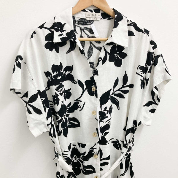 F&F White & Black Floral Print Short Sleeve Linen Blend Belted Shirt Dress UK 18