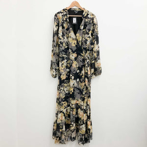 City Chic Black & Yellow Floral Print Wrap Hi-Lo Hem Maxi Dress UK 24