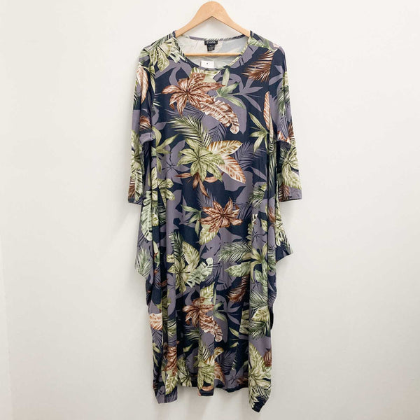 Evans Tropical Palm Print 3/4 Sleeve Draped Relaxed Fit Midi Dress UK 14