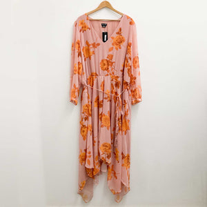 City Chic Pink & Orange Rose Floral Print V-Neck Long Sleeve Dress UK 24